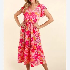 Haptics Boho Floral V-Neck Ruffle Sleeve Midi Dress